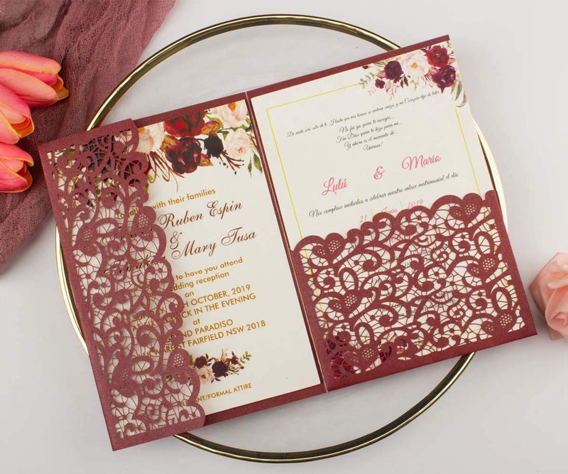 Lucky Star 25 sets Burgundy Vintage Tri Fold Wedding Invitations Cards Laser Cut Hollow Pocket Fold Greeting Invites With Envelopes 5x7 - Image 4